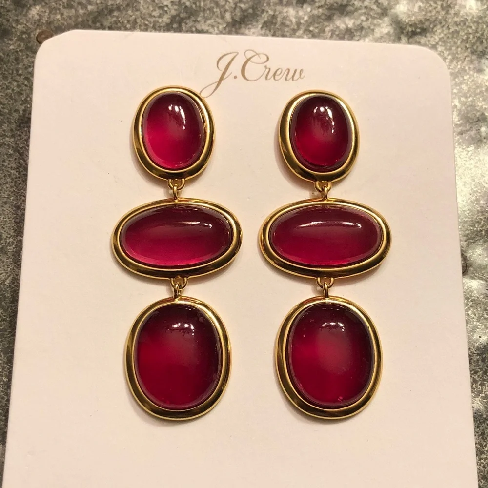 J. Crew Gold-Tone Triple Drop Earrings with Deep Pink Cabochons